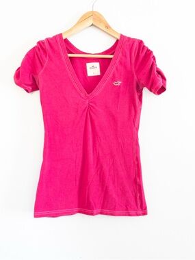 Hollister Circa Y2K 2000's Pink V Neck Ruched Baby Tee Preppy Barbie Core Medium